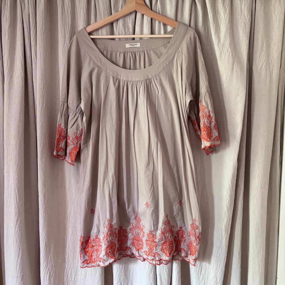 Vertigo Paris Taupe Embroidered Tunic Dress Boho Bell Sleeve L/XL